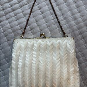 Charisma White Chevron Clutch with Beaded Elegance